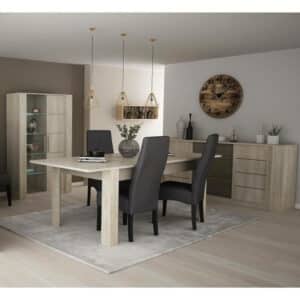 DEMEYERE Woonkamerset Eettafel 170 cm + 2 deurs dressoir + 1 vitrinekast - Eiken/Licht betondecor - ANTIBES