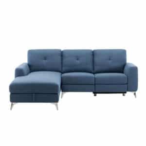 Links elektrische relax hoekbank - 3 zitplaatsen - FRANKLIN - Blauwe stof - Box en USB poort - L 260 x D 51 x H 90 cm