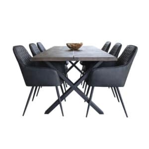 Moss eethoek , 1 eetkamertafel en 6 eetkamerstoelen, donker grijs en eik.