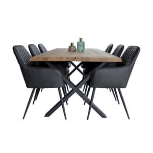 Tony eethoek , 1 eettafel en 6 stoelen donker grijs en eik.